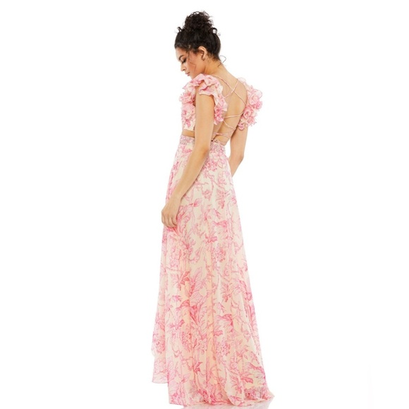 Mac Duggal Anthropologie Floral Printed Ruffle Shoulder Lace Up Gown size 2. - Picture 8 of 17